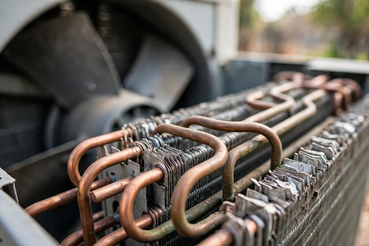 Copper coil and aluminium fins inside an old air conditioner unit