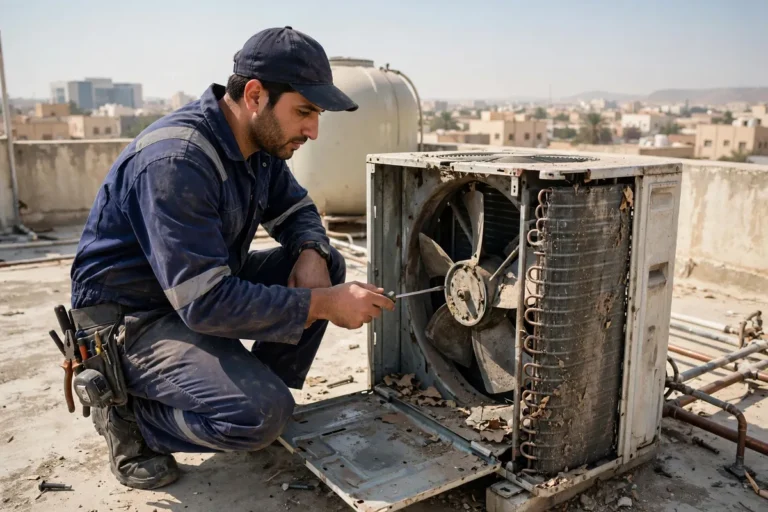 Technician inspecting an old outdoor AC unit before scrap assessment
