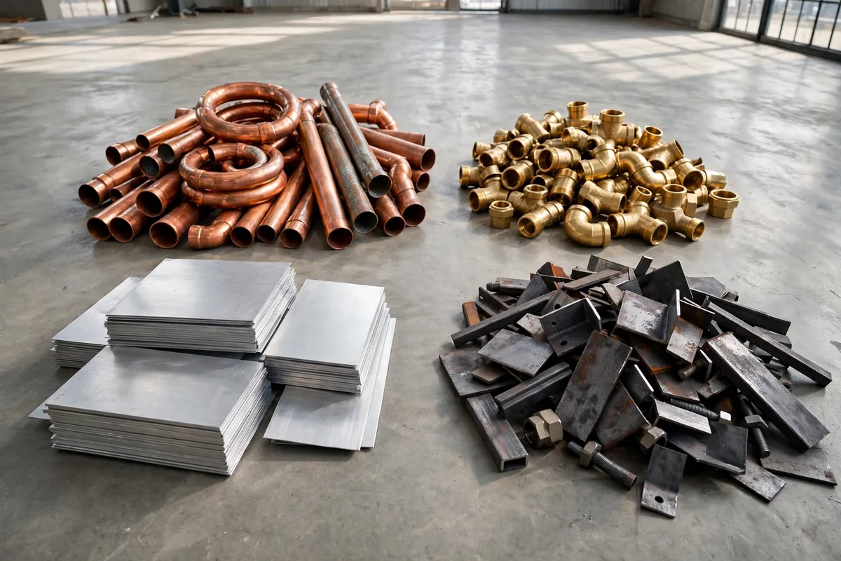 Scrap copper, brass, aluminium and steel separated into piles before weighing