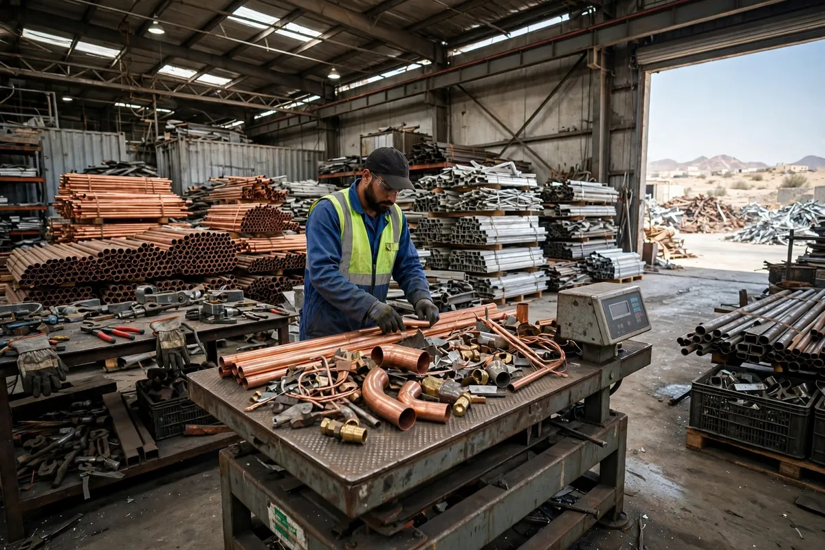 Scrap metal being weighed and assessed at a scrap yard in Jeddah