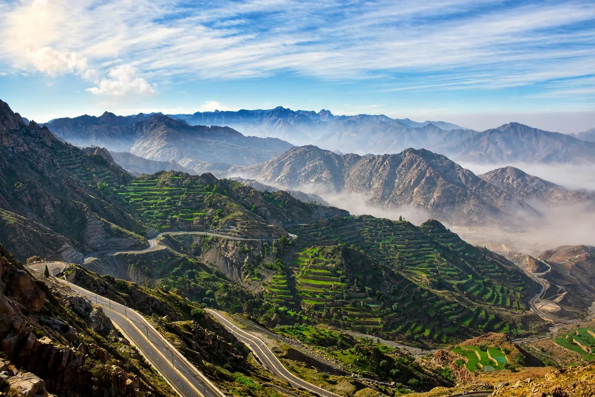 Taif mountain road and terraced slopes