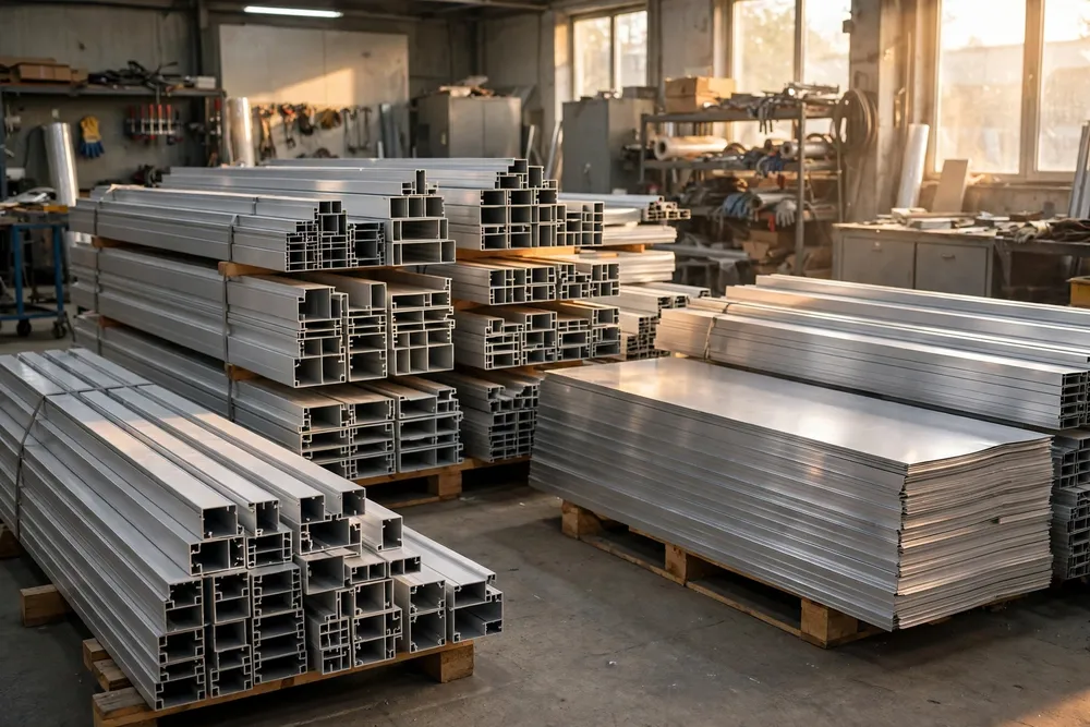 Aluminum Scrap Buyers 1 Aluminum window profiles and sheets in a workshop