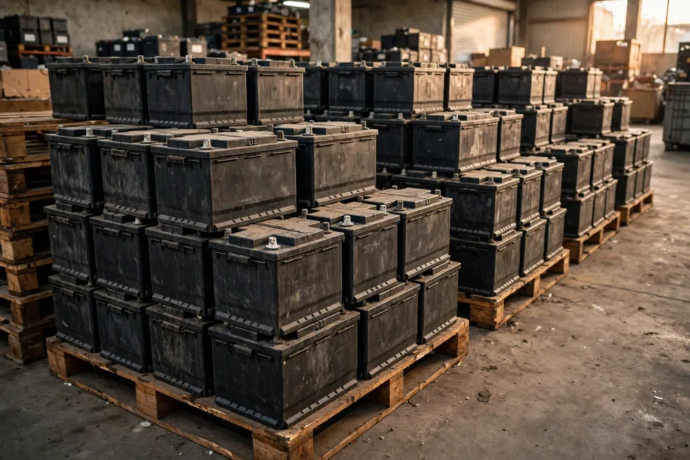 Used lead-acid batteries stacked on pallets for recycling