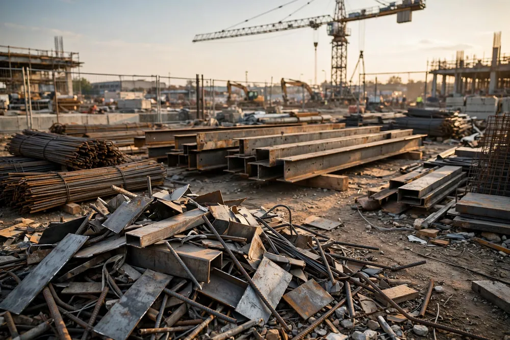 Construction site with steel beams, rebar and a tower crane