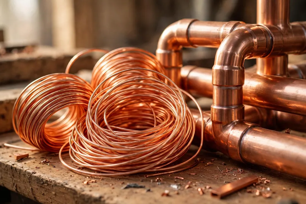 Copper pipes and copper wire coils ready for recycling