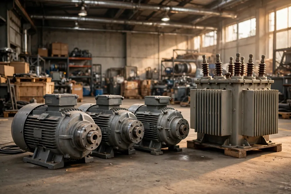 Electric Motor Scrap Buyers 1 Industrial electric motors and a transformer on a warehouse floor