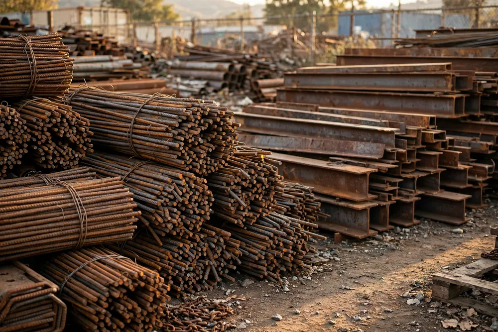 Bundles of iron rebar and structural steel scrap