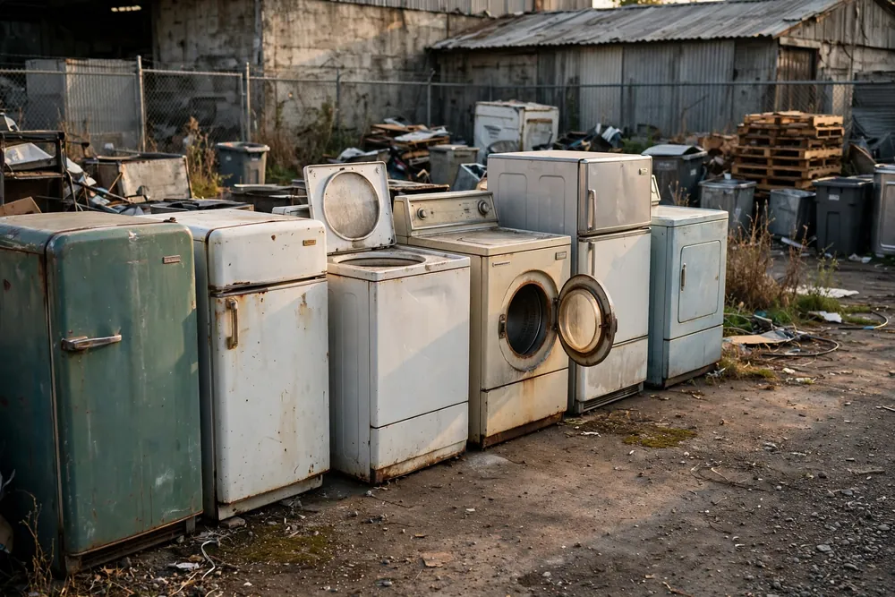 Old refrigerators and washing machines awaiting recycling