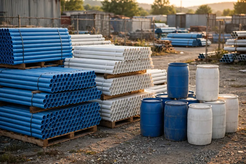 Stacks of PVC pipes and plastic drums at an industrial yard