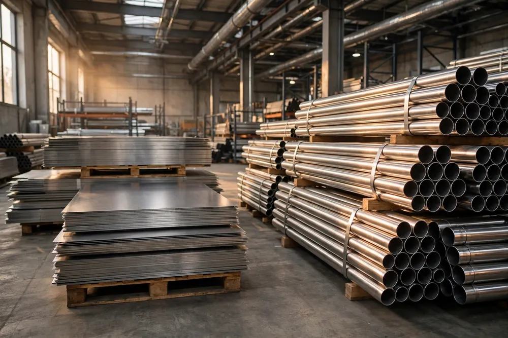 Stainless steel pipes and steel sheets in a warehouse