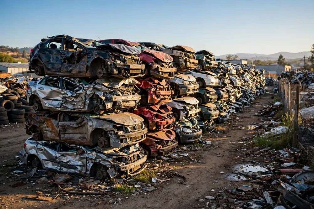 Crushed end-of-life cars in a scrap yard